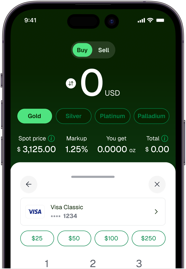 Goldfinch app buy screen with metal selection, spot price and payment method