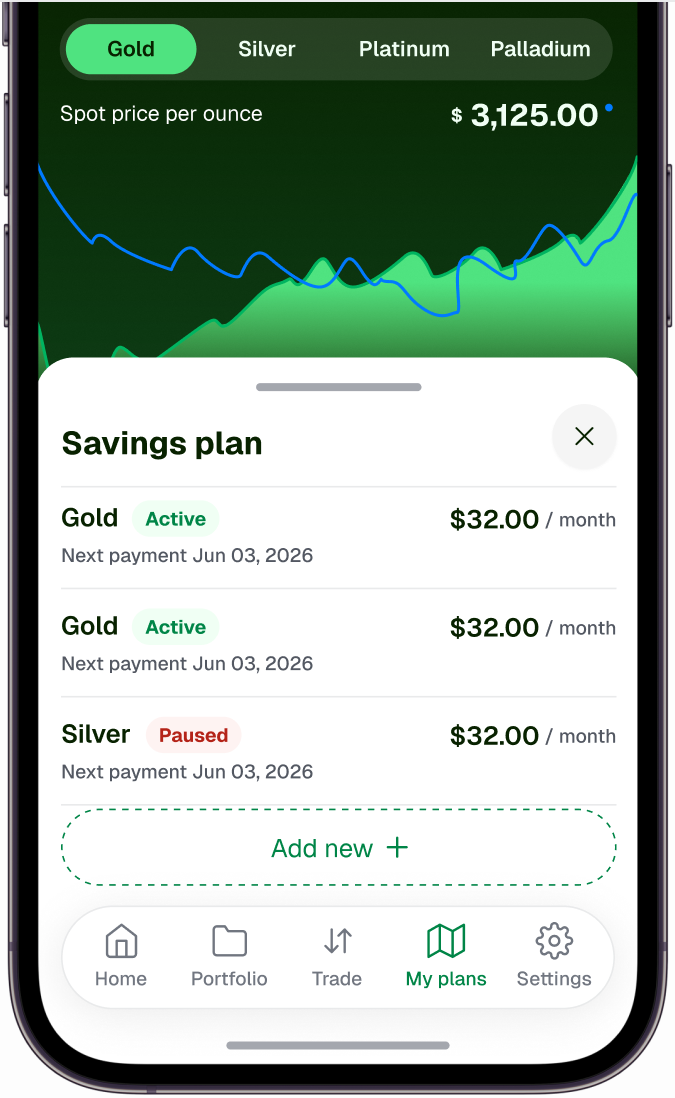 Goldfinch app showing a list of active and paused savings plans